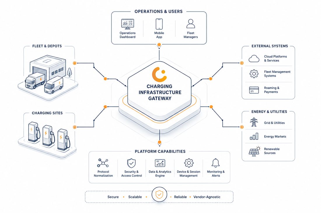 ChargeBroker Charging Infrastructure Gateway, connecting fleets, depots, charging sites, external systems, and energy providers through one vendor-agnostic platform